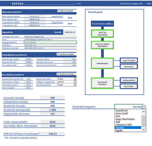 REPTAX v23 - Interaktív beszámolókészítő és adókalkulációs excel