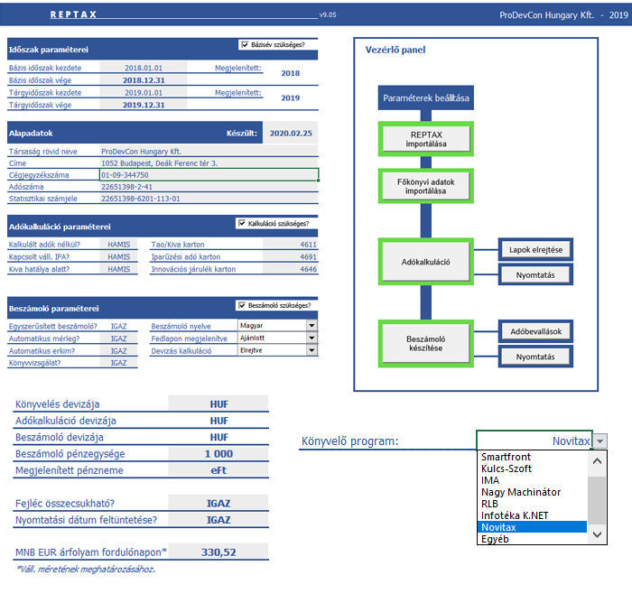 REPTAX v22 - Interaktív beszámolókészítő és adókalkulációs excel
